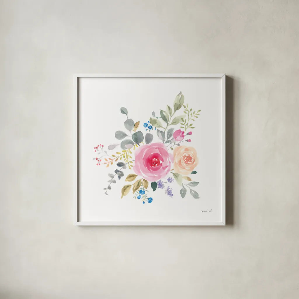 Lush Roses III by Danhui Nai. Shown in a crisp white glass frame for a clean and minimalist style. Available as an archival giclee rolled canvas, fine art paper, or poster print. SKU 68815a.