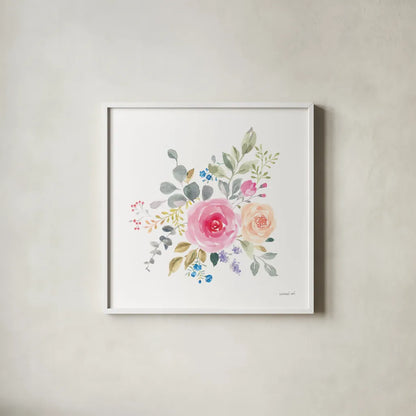Lush Roses III by Danhui Nai. Shown in a crisp white glass frame for a clean and minimalist style. Available as an archival giclee rolled canvas, fine art paper, or poster print. SKU 68815a.