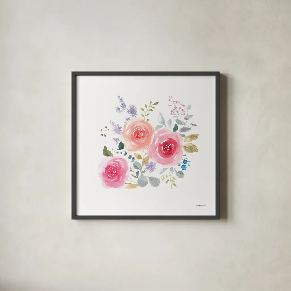Lush Roses IV by Danhui Nai. Shown in a sleek black glass frame for a contemporary gallery look. Available as an archival giclee rolled canvas, fine art paper, or poster print. SKU 68816a.