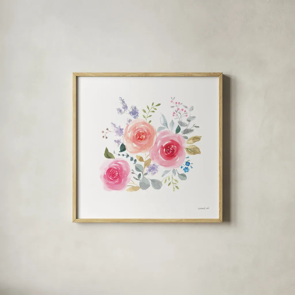 Lush Roses IV by Danhui Nai. Shown in a natural wood glass frame for a timeless modern aesthetic. Available as an archival giclee rolled canvas, fine art paper, or poster print. SKU 68816a.