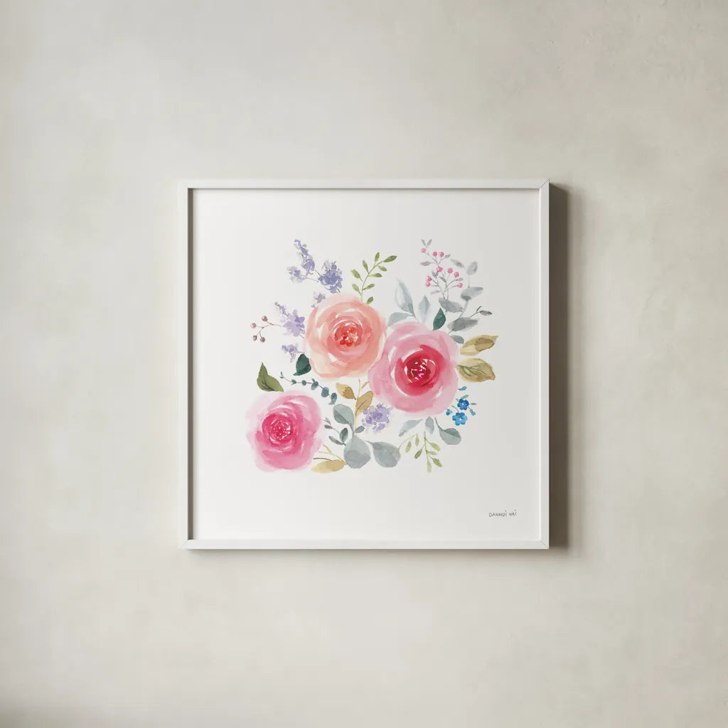 Lush Roses IV by Danhui Nai. Shown in a crisp white glass frame for a clean and minimalist style. Available as an archival giclee rolled canvas, fine art paper, or poster print. SKU 68816a.