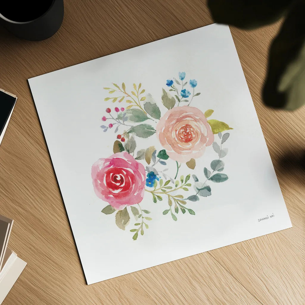 Lush Roses V by Danhui Nai. Shown as a detailed flat fine art print, highlighting archival giclee quality. Available as an archival giclee rolled canvas, fine art paper, or poster print. SKU 68817a.