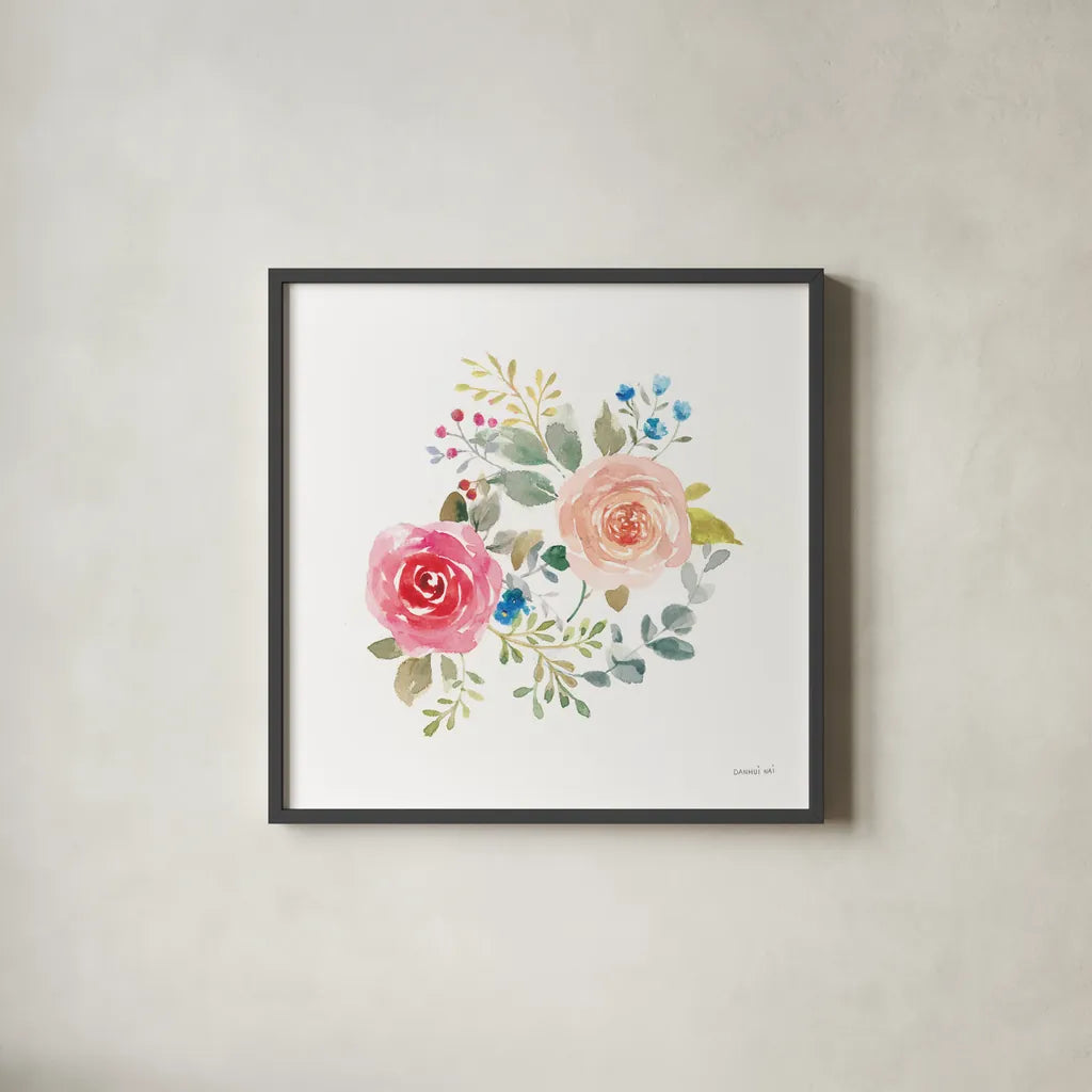 Lush Roses V by Danhui Nai. Shown in a sleek black glass frame for a contemporary gallery look. Available as an archival giclee rolled canvas, fine art paper, or poster print. SKU 68817a.