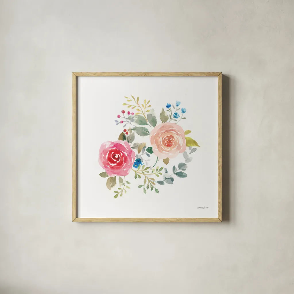 Lush Roses V by Danhui Nai. Shown in a natural wood glass frame for a timeless modern aesthetic. Available as an archival giclee rolled canvas, fine art paper, or poster print. SKU 68817a.