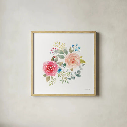 Lush Roses V by Danhui Nai. Shown in a natural wood glass frame for a timeless modern aesthetic. Available as an archival giclee rolled canvas, fine art paper, or poster print. SKU 68817a.