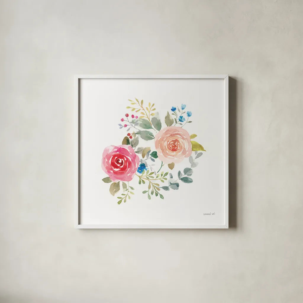 Lush Roses V by Danhui Nai. Shown in a crisp white glass frame for a clean and minimalist style. Available as an archival giclee rolled canvas, fine art paper, or poster print. SKU 68817a.