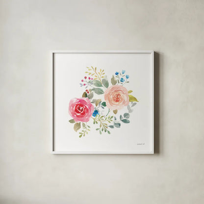 Lush Roses V by Danhui Nai. Shown in a crisp white glass frame for a clean and minimalist style. Available as an archival giclee rolled canvas, fine art paper, or poster print. SKU 68817a.