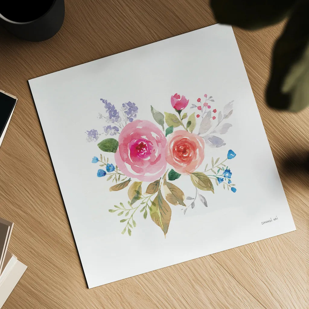 Lush Roses VI by Danhui Nai. Shown as a detailed flat fine art print, highlighting archival giclee quality. Available as an archival giclee rolled canvas, fine art paper, or poster print. SKU 68818a.
