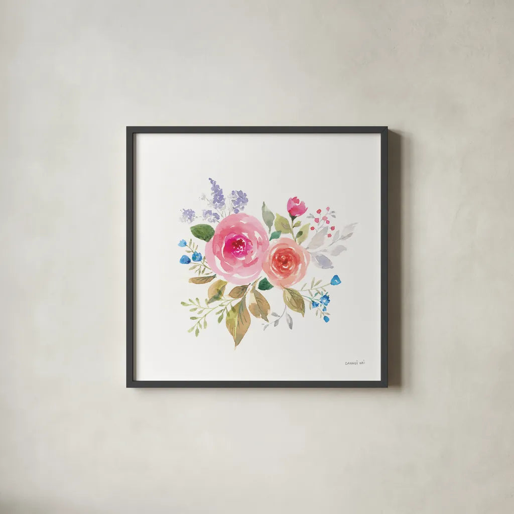 Lush Roses VI by Danhui Nai. Shown in a sleek black glass frame for a contemporary gallery look. Available as an archival giclee rolled canvas, fine art paper, or poster print. SKU 68818a.