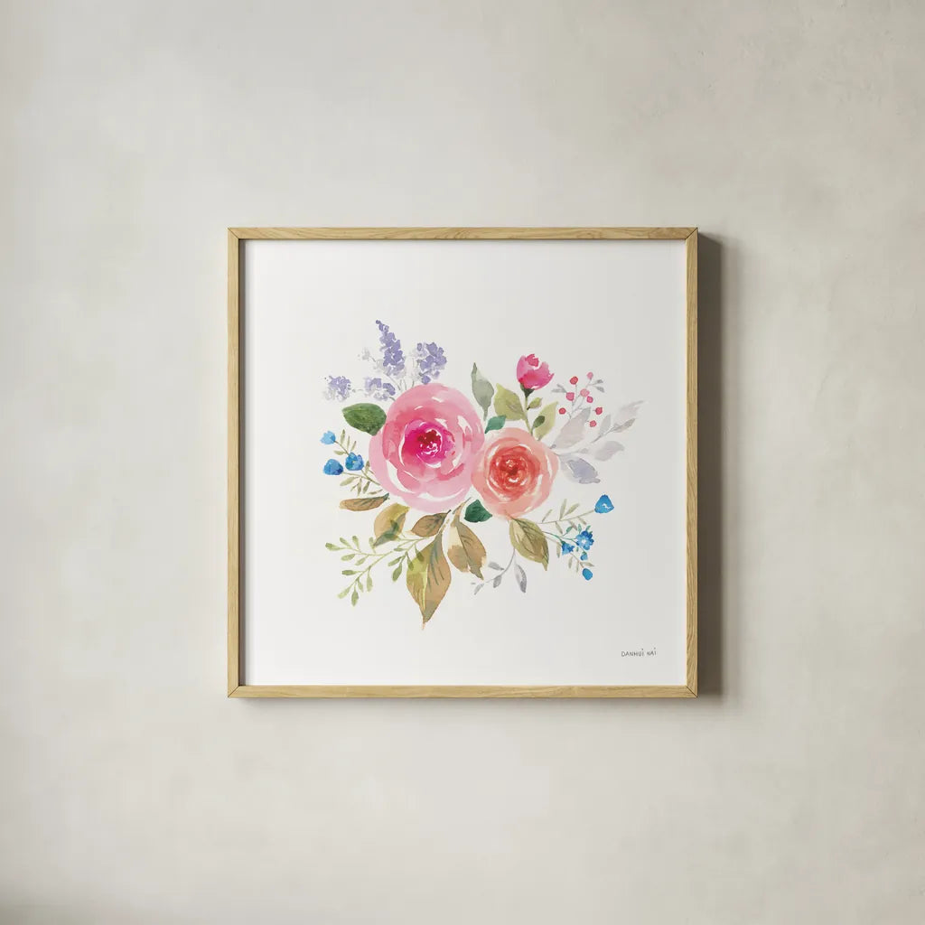 Lush Roses VI by Danhui Nai. Shown in a natural wood glass frame for a timeless modern aesthetic. Available as an archival giclee rolled canvas, fine art paper, or poster print. SKU 68818a.