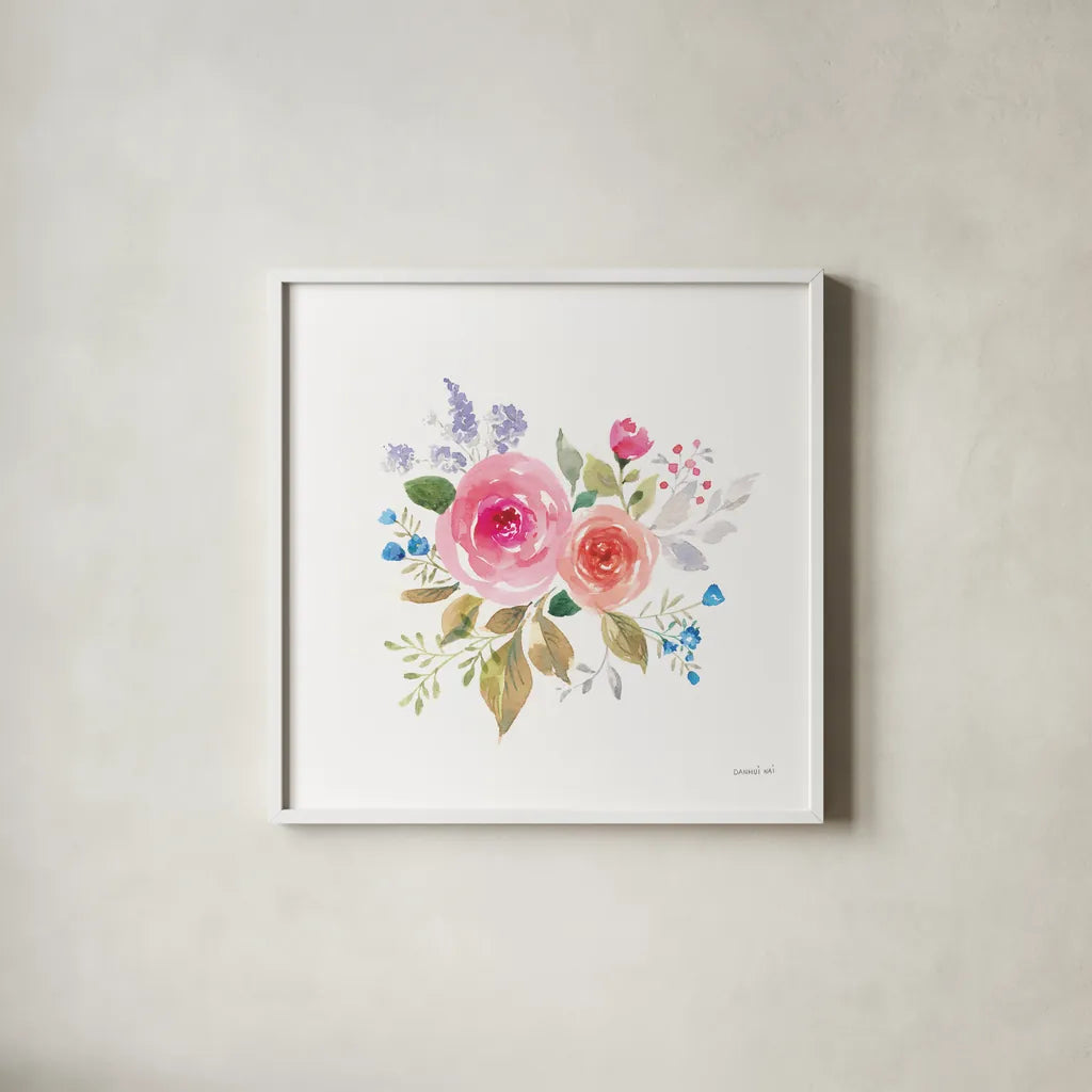 Lush Roses VI by Danhui Nai. Shown in a crisp white glass frame for a clean and minimalist style. Available as an archival giclee rolled canvas, fine art paper, or poster print. SKU 68818a.