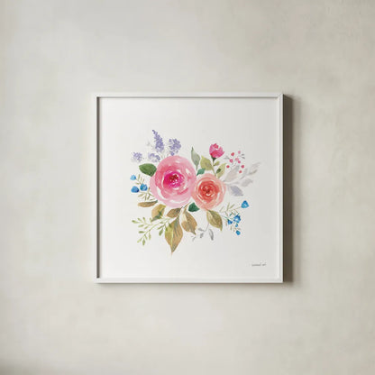 Lush Roses VI by Danhui Nai. Shown in a crisp white glass frame for a clean and minimalist style. Available as an archival giclee rolled canvas, fine art paper, or poster print. SKU 68818a.