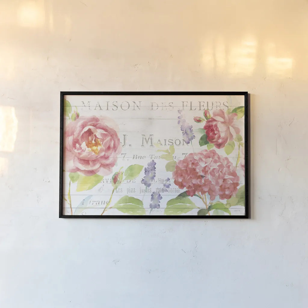 Maison Des Fleurs I by Danhui Nai. shown as a paper print in a black flame. Available as a archival giclee rolled canvas, fine art paper, or poster print. SKU 45831i.