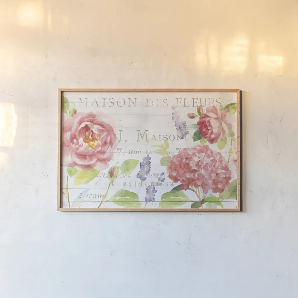 Maison Des Fleurs I by Danhui Nai. shown as a paper print in a natural frame. Available as a archival giclee rolled canvas, fine art paper, or poster print. SKU 45831i.