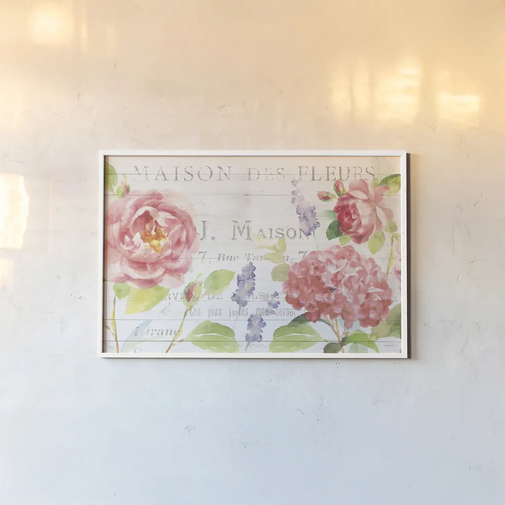 Maison Des Fleurs I by Danhui Nai. shown as a paper print in a white frame. Available as a archival giclee rolled canvas, fine art paper, or poster print. SKU 45831i.