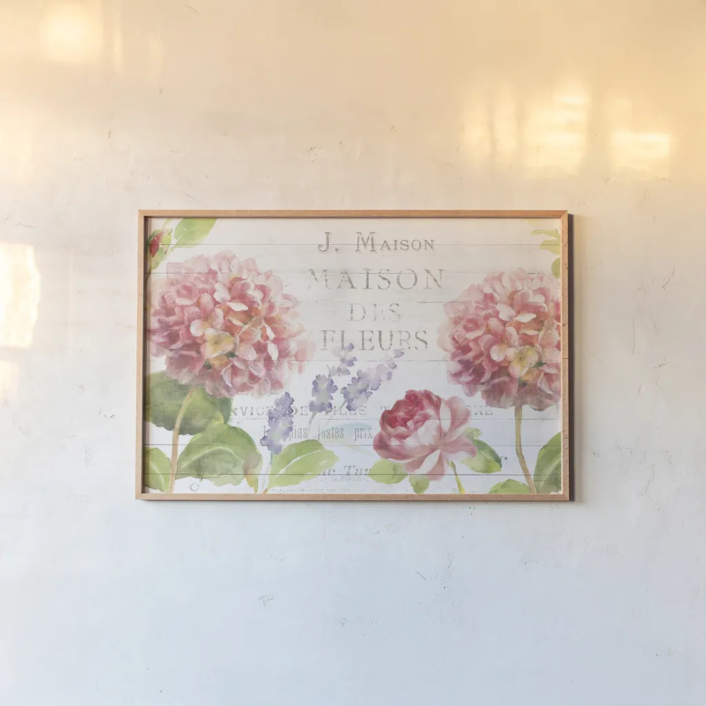 Maison Des Fleurs II by Danhui Nai. shown as a paper print in a natural frame. Available as a archival giclee rolled canvas, fine art paper, or poster print. SKU 45832i.