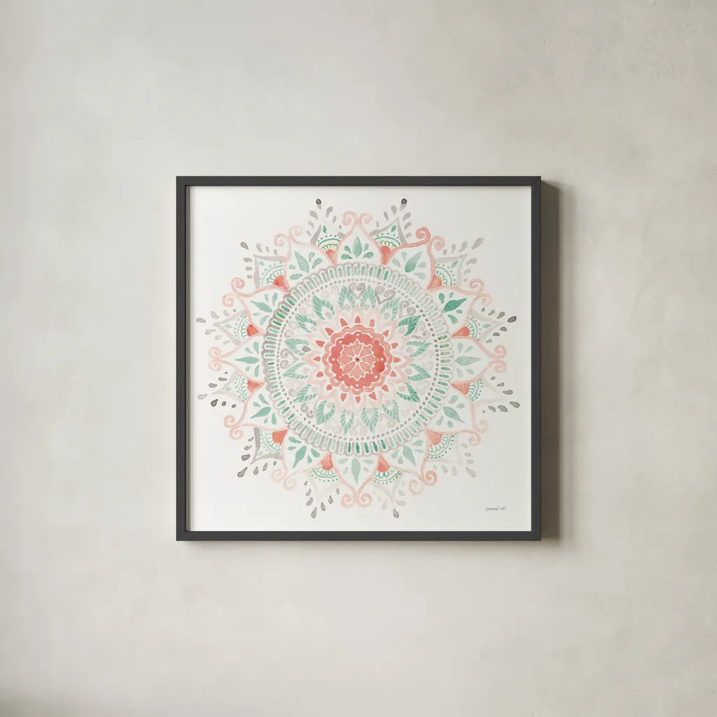 Mandala Delight I by Danhui Nai. Shown in a sleek black glass frame for a contemporary gallery look. Available as an archival giclee rolled canvas, fine art paper, or poster print. SKU 43079a.
