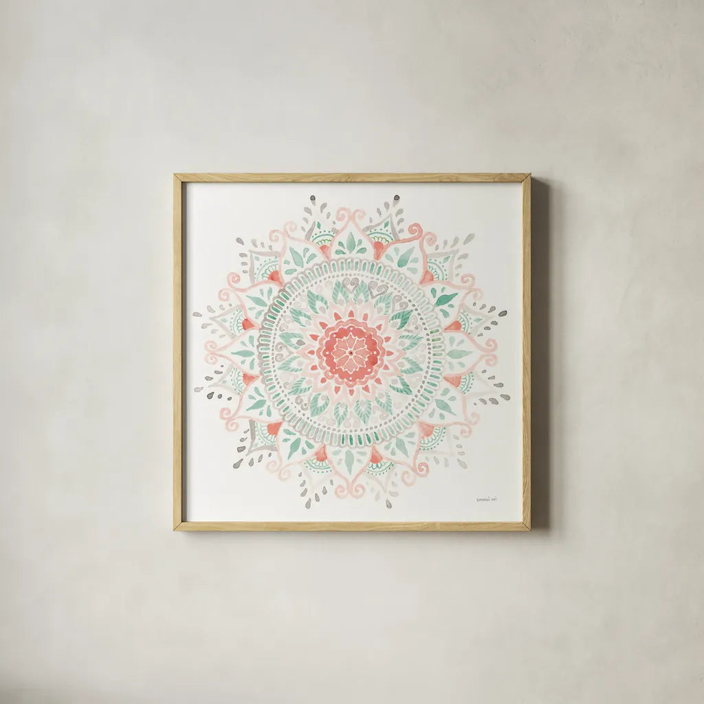 Mandala Delight I by Danhui Nai. Shown in a natural wood glass frame for a timeless modern aesthetic. Available as an archival giclee rolled canvas, fine art paper, or poster print. SKU 43079a.