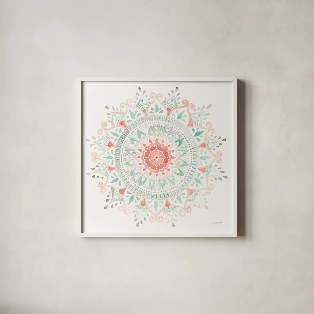 Mandala Delight I by Danhui Nai. Shown in a crisp white glass frame for a clean and minimalist style. Available as an archival giclee rolled canvas, fine art paper, or poster print. SKU 43079a.