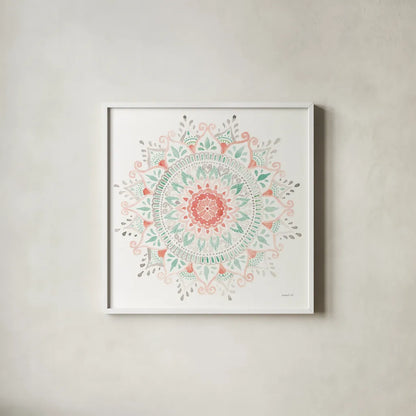 Mandala Delight I by Danhui Nai. Shown in a crisp white glass frame for a clean and minimalist style. Available as an archival giclee rolled canvas, fine art paper, or poster print. SKU 43079a.