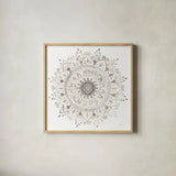 Mandala Delight I Neutral by Danhui Nai. Shown in a natural wood glass frame for a timeless modern aesthetic. Available as an archival giclee rolled canvas, fine art paper, or poster print. SKU 56581a.