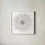 Mandala Delight I Neutral by Danhui Nai. Shown in a crisp white glass frame for a clean and minimalist style. Available as an archival giclee rolled canvas, fine art paper, or poster print. SKU 56581a.