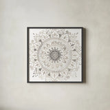 Mandala Delight I Neutral Crop by Danhui Nai. Shown in a sleek black glass frame for a contemporary gallery look. Available as an archival giclee rolled canvas, fine art paper, or poster print. SKU 63996a.