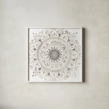Mandala Delight I Neutral Crop by Danhui Nai. Shown in a crisp white glass frame for a clean and minimalist style. Available as an archival giclee rolled canvas, fine art paper, or poster print. SKU 63996a.