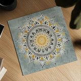 Mandala Delight I Yellow Grey by Danhui Nai. Shown as a detailed flat fine art print, highlighting archival giclee quality. Available as an archival giclee rolled canvas, fine art paper, or poster print. SKU 45668a.