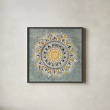 Mandala Delight I Yellow Grey by Danhui Nai. Shown in a sleek black glass frame for a contemporary gallery look. Available as an archival giclee rolled canvas, fine art paper, or poster print. SKU 45668a.