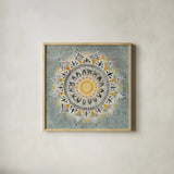 Mandala Delight I Yellow Grey by Danhui Nai. Shown in a natural wood glass frame for a timeless modern aesthetic. Available as an archival giclee rolled canvas, fine art paper, or poster print. SKU 45668a.