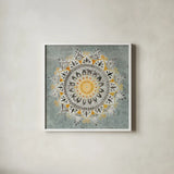 Mandala Delight I Yellow Grey by Danhui Nai. Shown in a crisp white glass frame for a clean and minimalist style. Available as an archival giclee rolled canvas, fine art paper, or poster print. SKU 45668a.