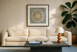 Mandala Delight I Yellow Grey by Danhui Nai. Displayed in a glass frame with matte in a clean modern living room. Available as an archival giclee rolled canvas, fine art paper, or poster print. SKU 45668a.