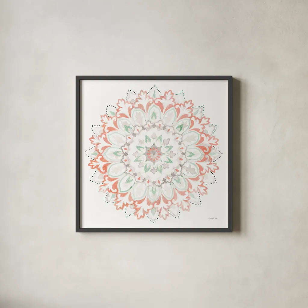Mandala Delight II by Danhui Nai. Shown in a sleek black glass frame for a contemporary gallery look. Available as an archival giclee rolled canvas, fine art paper, or poster print. SKU 43080a.