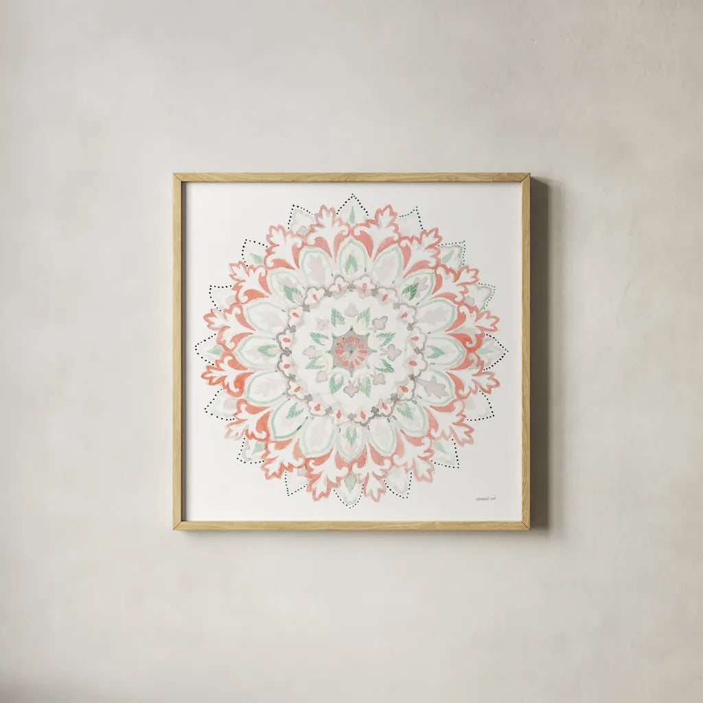 Mandala Delight II by Danhui Nai. Shown in a natural wood glass frame for a timeless modern aesthetic. Available as an archival giclee rolled canvas, fine art paper, or poster print. SKU 43080a.