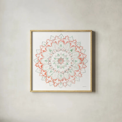 Mandala Delight II by Danhui Nai. Shown in a natural wood glass frame for a timeless modern aesthetic. Available as an archival giclee rolled canvas, fine art paper, or poster print. SKU 43080a.