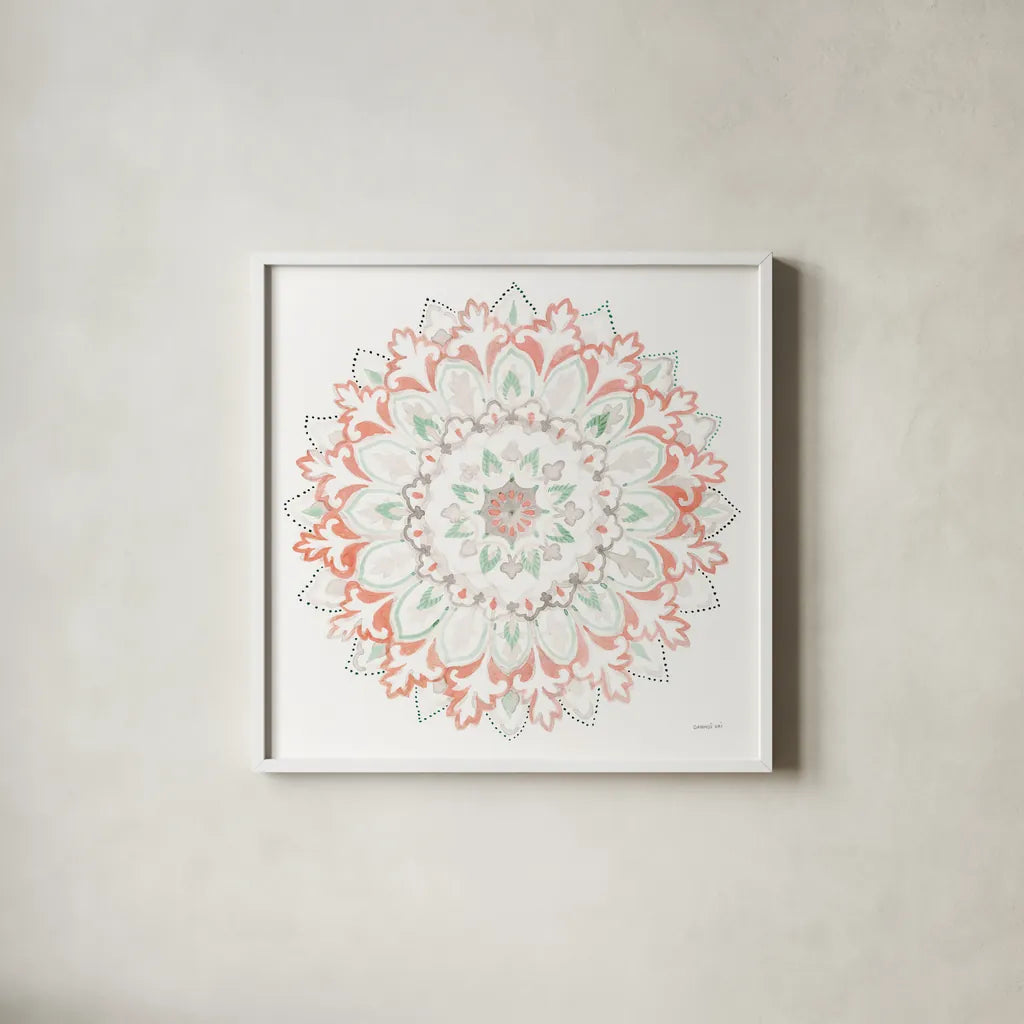 Mandala Delight II by Danhui Nai. Shown in a crisp white glass frame for a clean and minimalist style. Available as an archival giclee rolled canvas, fine art paper, or poster print. SKU 43080a.