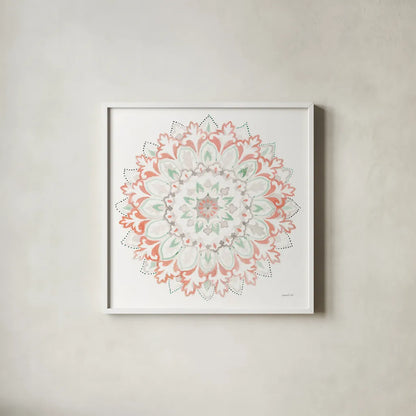 Mandala Delight II by Danhui Nai. Shown in a crisp white glass frame for a clean and minimalist style. Available as an archival giclee rolled canvas, fine art paper, or poster print. SKU 43080a.