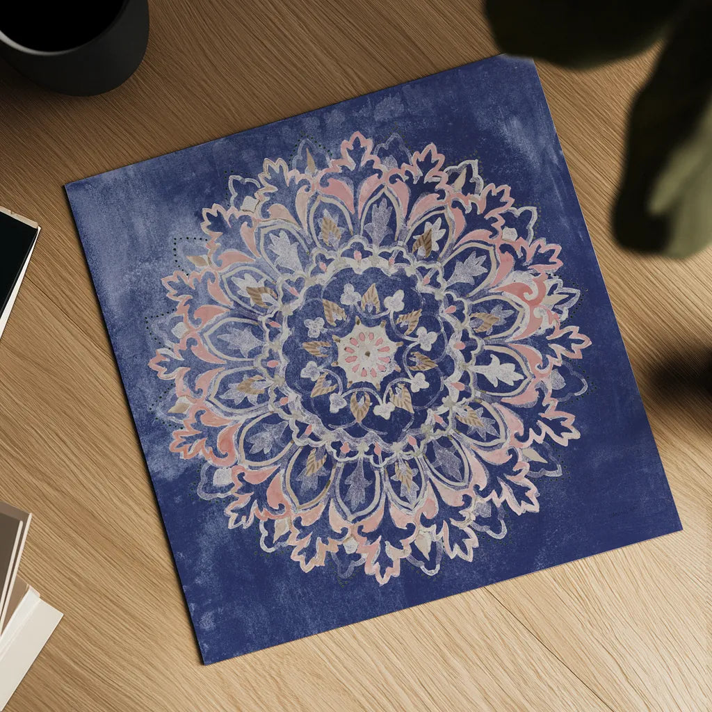 Mandala Delight II Navy by Danhui Nai. Shown as a detailed flat fine art print, highlighting archival giclee quality. Available as an archival giclee rolled canvas, fine art paper, or poster print. SKU 55338a.