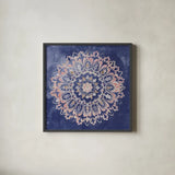Mandala Delight II Navy by Danhui Nai. Shown in a sleek black glass frame for a contemporary gallery look. Available as an archival giclee rolled canvas, fine art paper, or poster print. SKU 55338a.