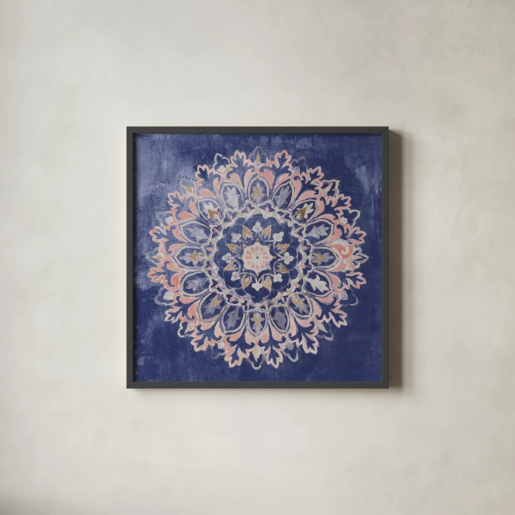 Mandala Delight II Navy by Danhui Nai. Shown in a sleek black glass frame for a contemporary gallery look. Available as an archival giclee rolled canvas, fine art paper, or poster print. SKU 55338a.