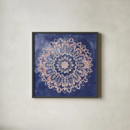 Mandala Delight II Navy by Danhui Nai. Shown in a sleek black glass frame for a contemporary gallery look. Available as an archival giclee rolled canvas, fine art paper, or poster print. SKU 55338a.