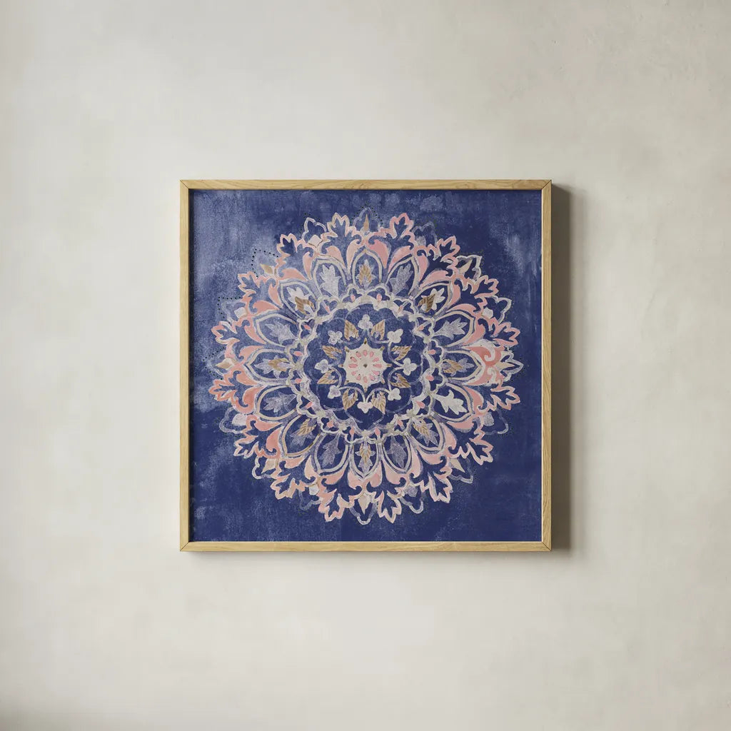 Mandala Delight II Navy by Danhui Nai. Shown in a natural wood glass frame for a timeless modern aesthetic. Available as an archival giclee rolled canvas, fine art paper, or poster print. SKU 55338a.