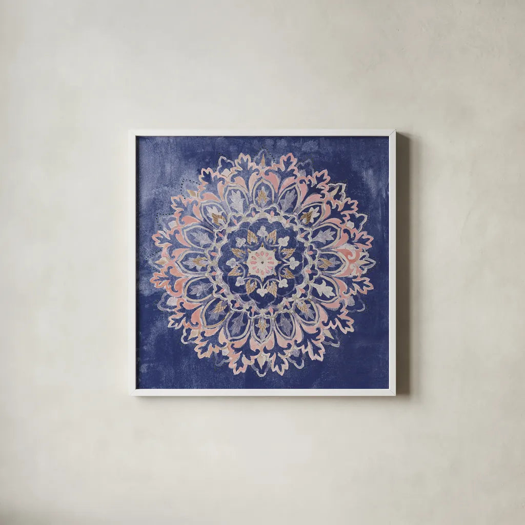Mandala Delight II Navy by Danhui Nai. Shown in a crisp white glass frame for a clean and minimalist style. Available as an archival giclee rolled canvas, fine art paper, or poster print. SKU 55338a.