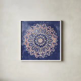 Mandala Delight II Navy by Danhui Nai. Shown in a crisp white glass frame for a clean and minimalist style. Available as an archival giclee rolled canvas, fine art paper, or poster print. SKU 55338a.