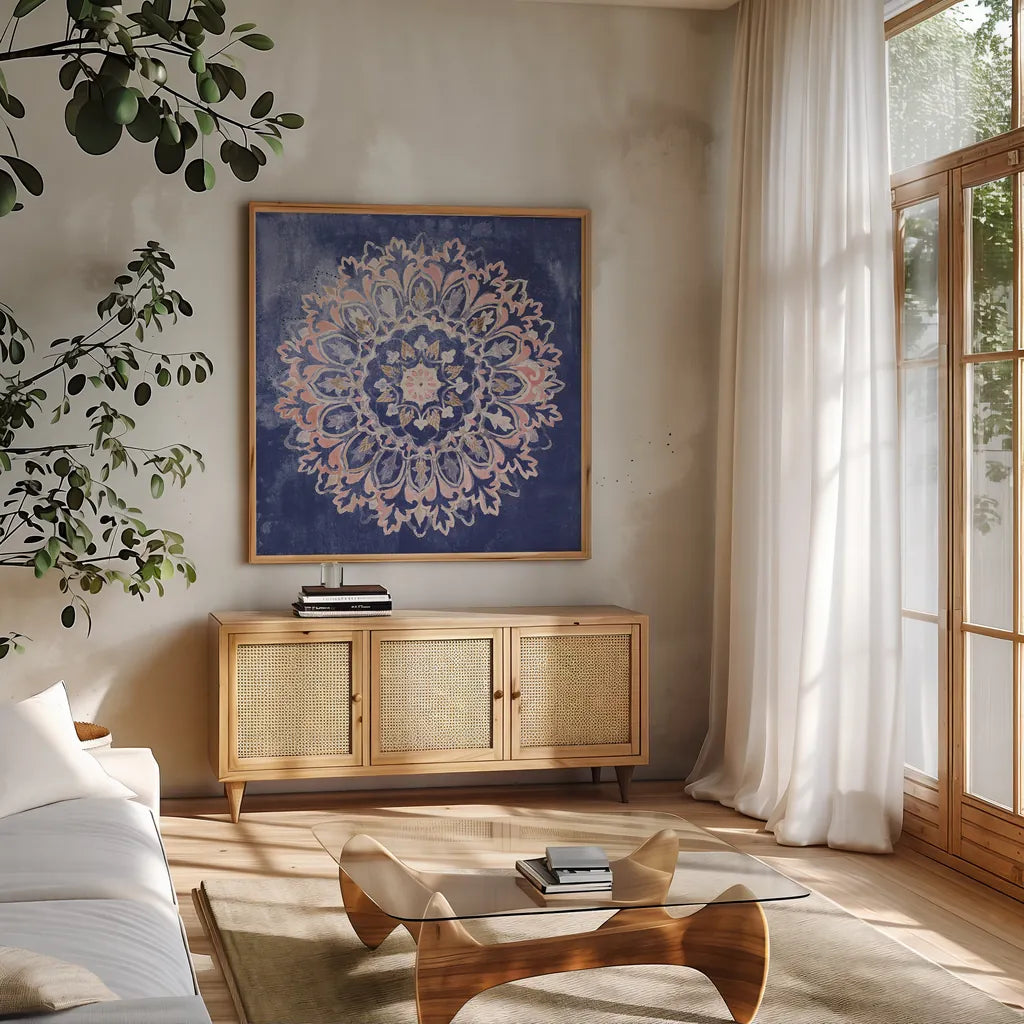 Mandala Delight II Navy by Danhui Nai. Shown in a natural wood frame in a cozy modern living room. Available as an archival giclee rolled canvas, fine art paper, or poster print. SKU 55338a.