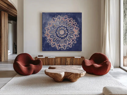 Mandala Delight II Navy by Danhui Nai. Shown as extra-large giant wall art in a modern living room. Available as an archival giclee rolled canvas, fine art paper, or poster print. SKU 55338a.