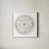 Mandala Delight II Neutral by Danhui Nai. Shown in a crisp white glass frame for a clean and minimalist style. Available as an archival giclee rolled canvas, fine art paper, or poster print. SKU 56582a.