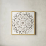 Mandala Delight II Neutral Crop by Danhui Nai. Shown in a natural wood glass frame for a timeless modern aesthetic. Available as an archival giclee rolled canvas, fine art paper, or poster print. SKU 63997a.