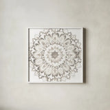 Mandala Delight II Neutral Crop by Danhui Nai. Shown in a crisp white glass frame for a clean and minimalist style. Available as an archival giclee rolled canvas, fine art paper, or poster print. SKU 63997a.